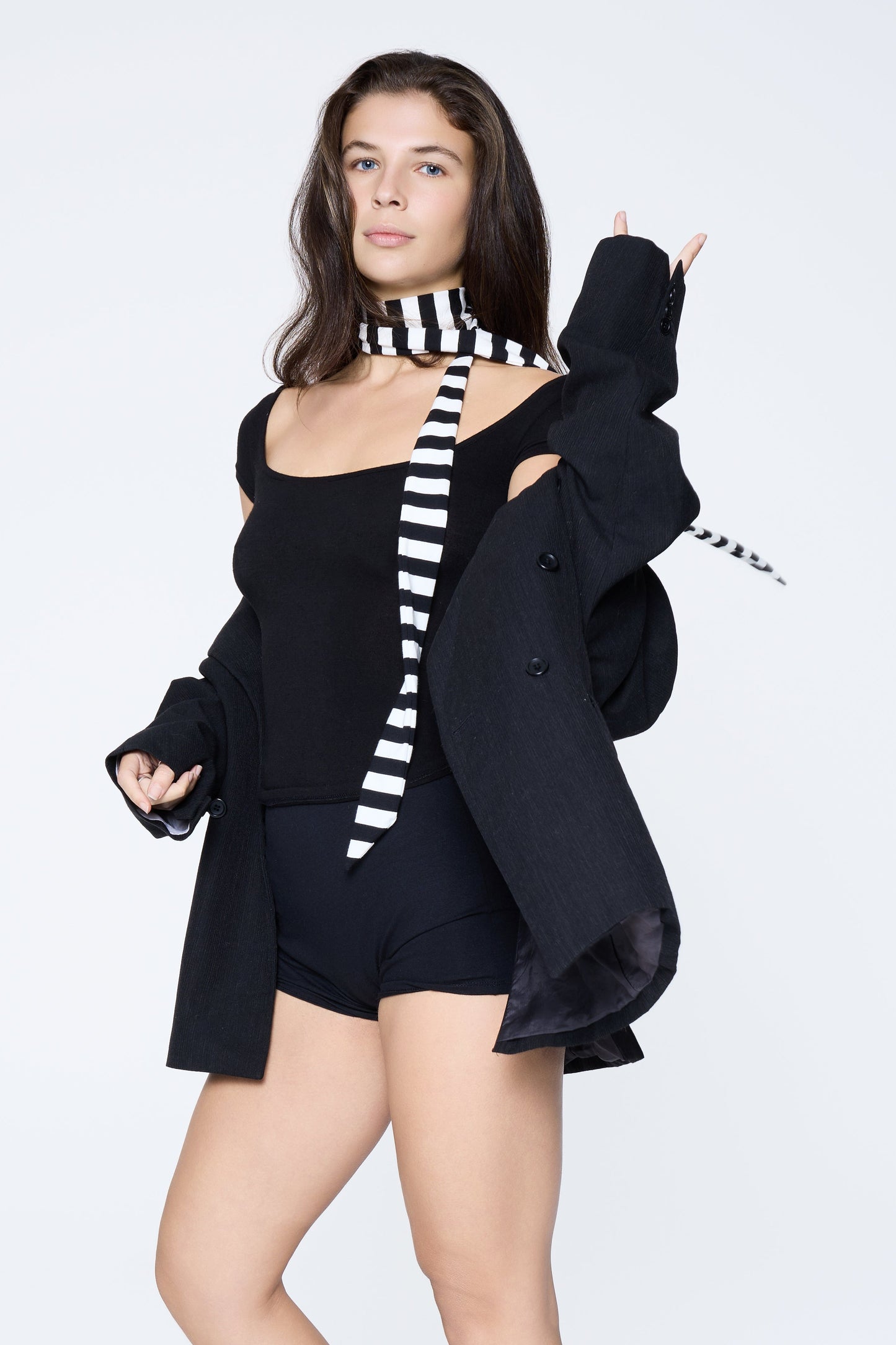 Front shot of model wearing Ruay Muse Aire drape top