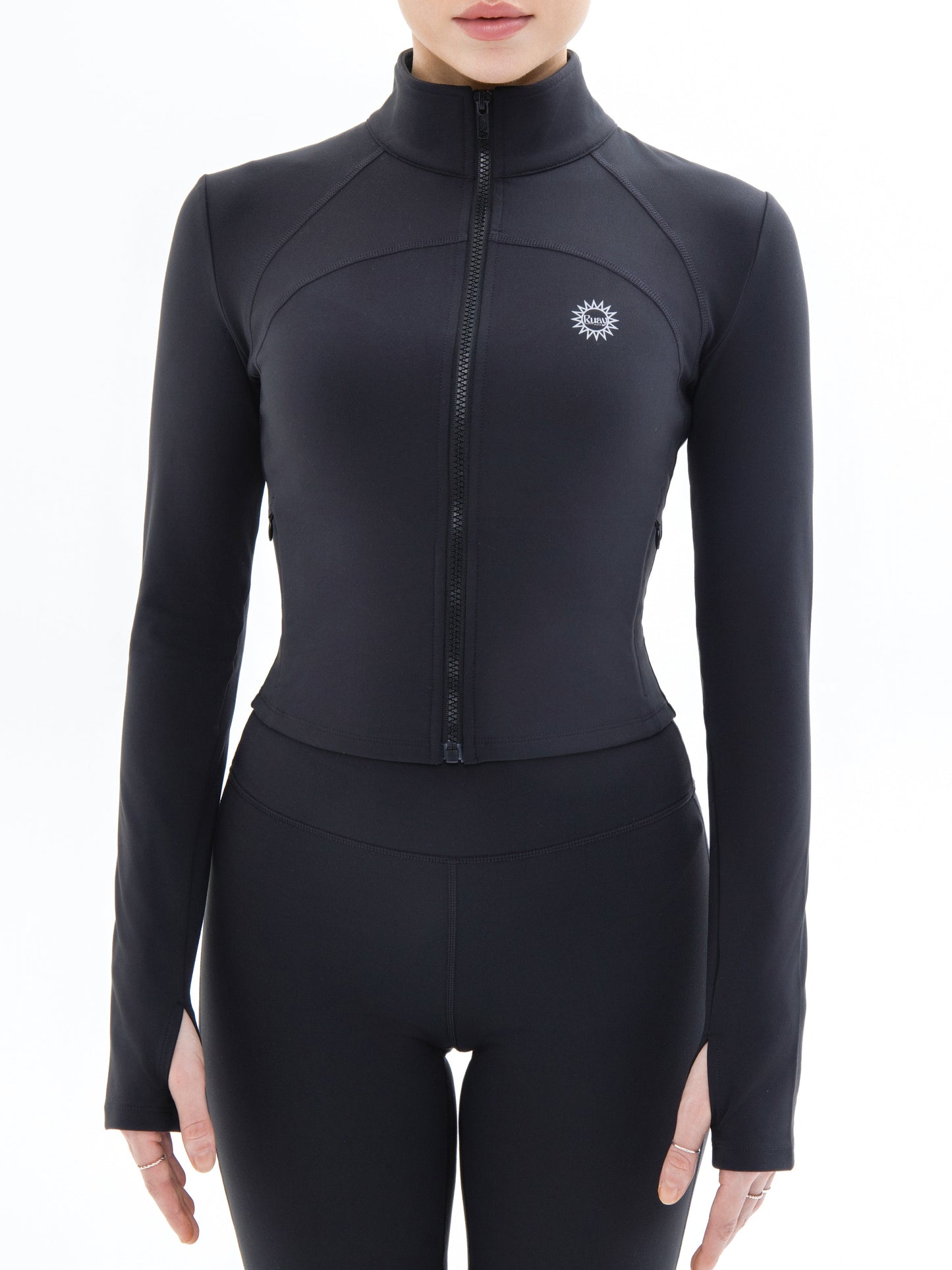 Front shot of model wearing Ruay Muse Silhouet jacket