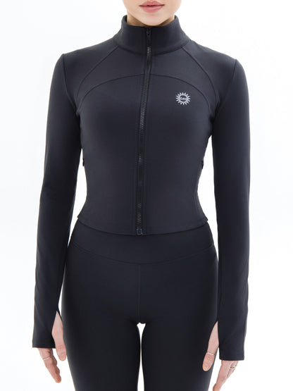 Front shot of model wearing Ruay Muse Silhouet jacket