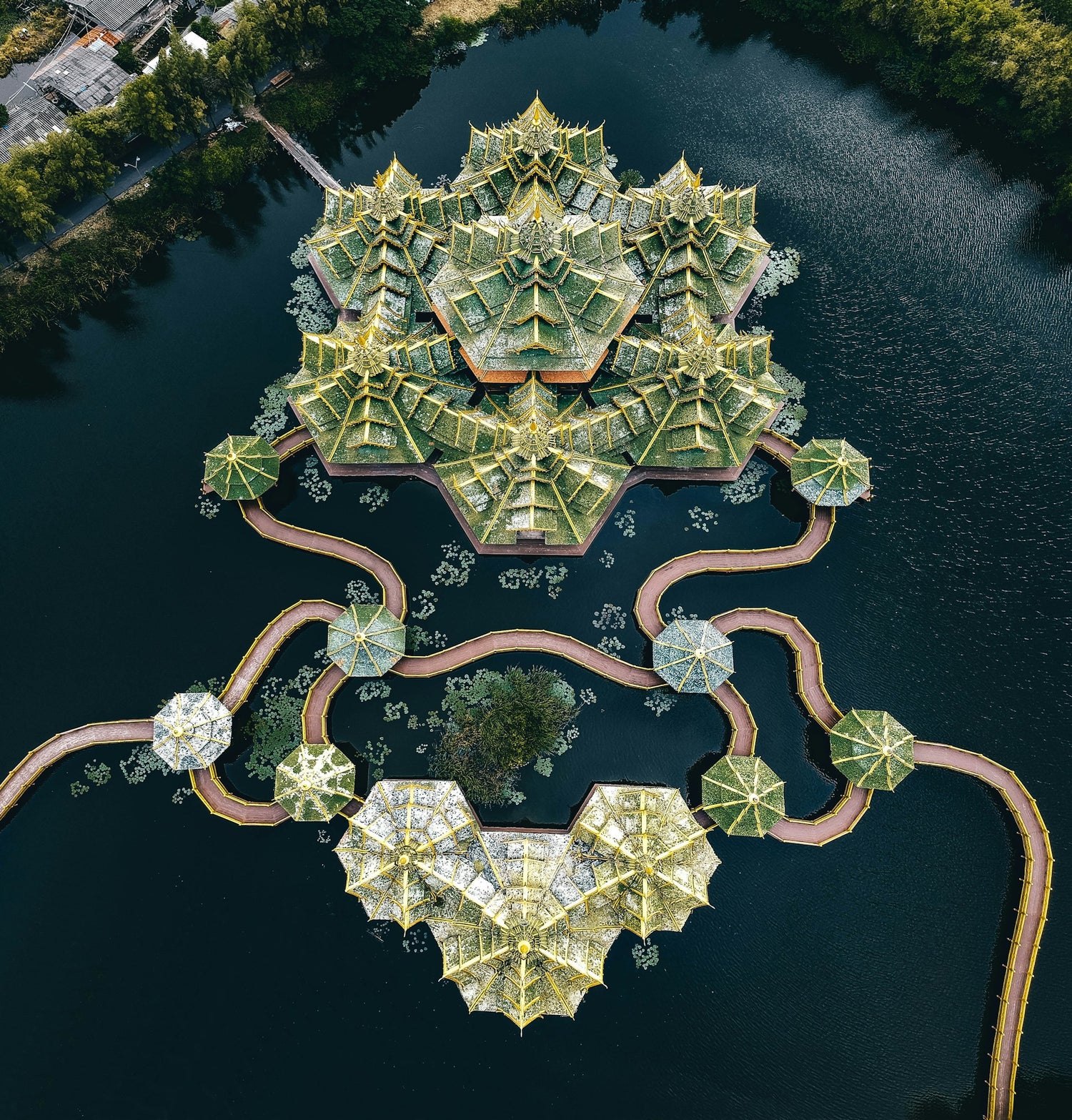 Aerial shot of Muang Boran Museum over water in Thailand
